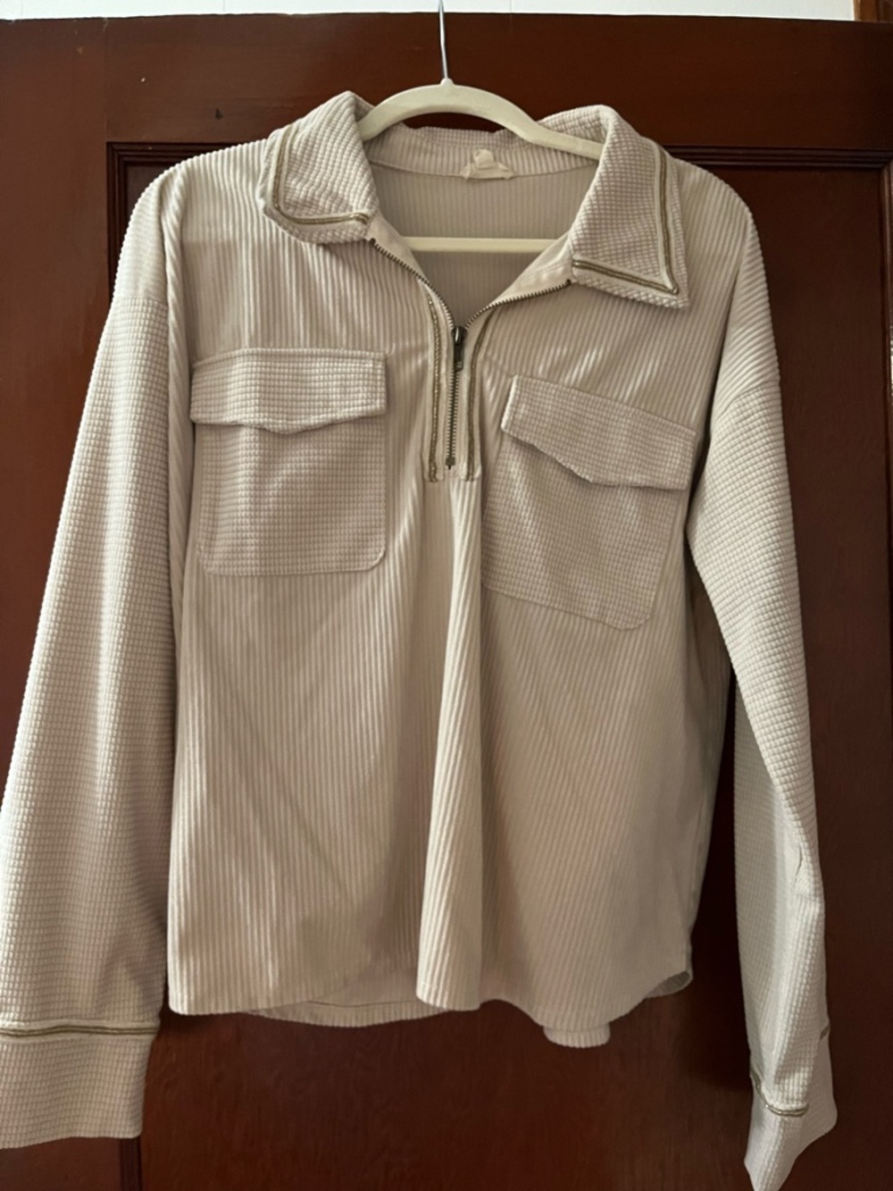 Hem & Thread Half-Zip Waffle Knit Pullover Jacket in Light Beige